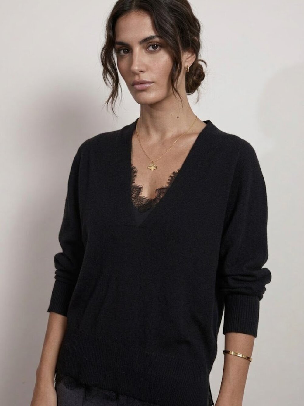 Brochu Walker The Lace Vee Looker Pullover Sweater Cashmere Wool V-Neck Size S